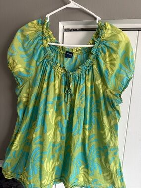 Plus Size 2X Green Blue Tropical Boho Cotton Top